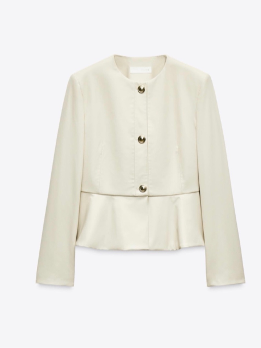 Zara Cream Round-Neck Faux Leather Peplum Blazer with Gold Buttons